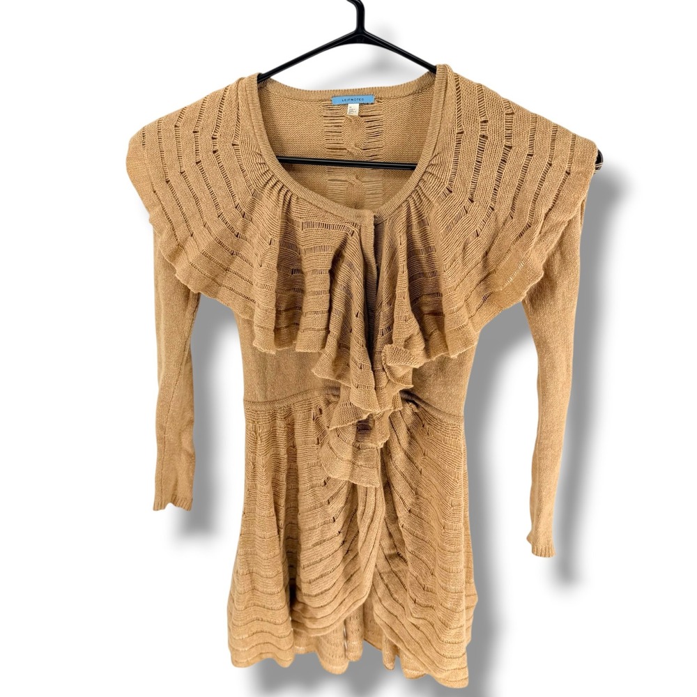 Leifnotes Anthropologie Ruffle Collar Open Front Cardigan Sweater Tan XS